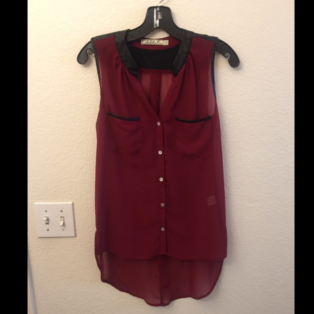 Red Business Blouse with Black Faux Leather Trim